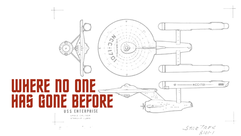 Titel „Where no one has gone before“ in Star-Trek-Schrift; Hintergrundbild: technische Zeichenung der USS Enterprise