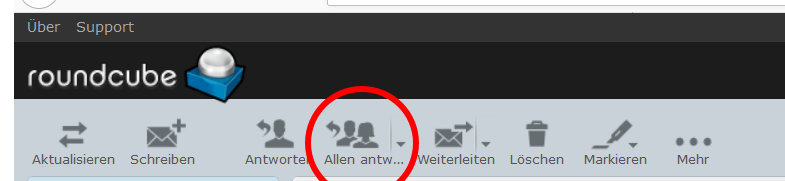 screenshot Roundcube Webmailer Bedienelemente - "Allen Antworten" hervorgehoben