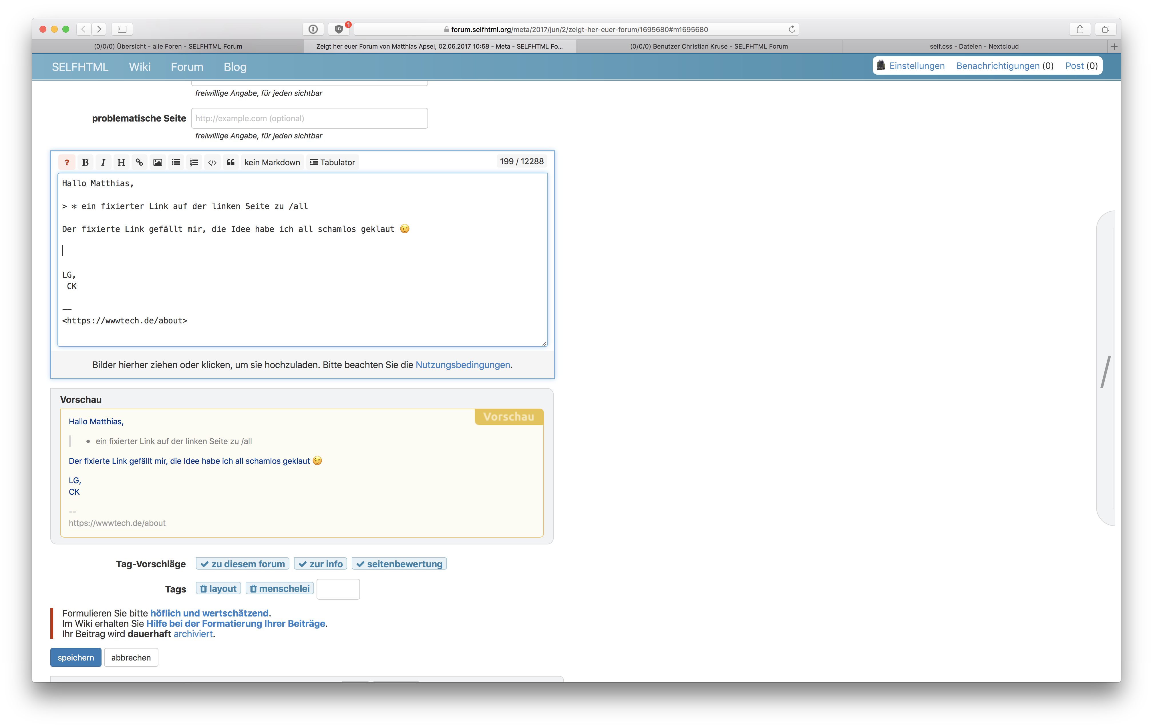 Foren-Ansicht mit fixiertem Link rechts