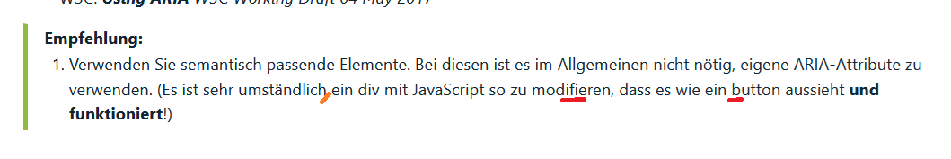 Screenshot Empfehlung für Verwendung von ARIA; Textfehler Screenshot Empfehlung für Verwendung von ARIA; Textfehler