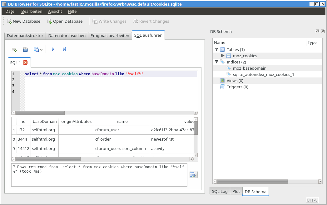 Firefox-Cookies mit grafischen sqlitebrowser überprüfen