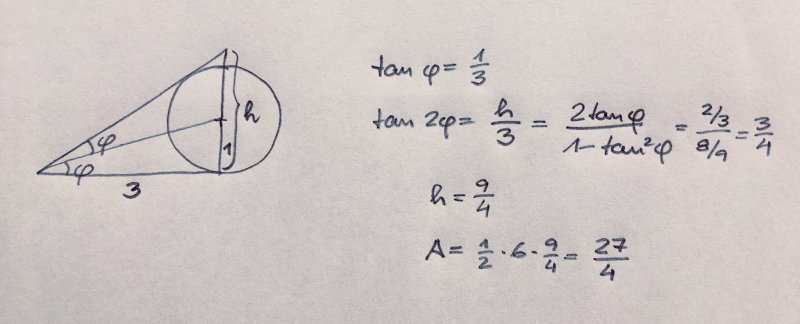 tan φ = 1/3; tan 2φ = h/3 = 2 tan φ/(1 - tan² φ) = 2/3 / (8/9) = 3/4; h = 9/4; A = 1/2 × 6 × 9/4 = 27/4