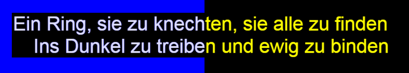 Gelber Text mit schwarzem Hintergrund, auf schwarzem Body, linke Seite überlagert mit blauem Feld, mix-blend-mode: hue
