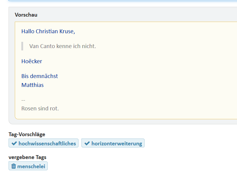 Screenshot Tagvorschläge "hochwissenschaftliches" und "horizonterweiterung" weil im Text Hoëcker vorkommt