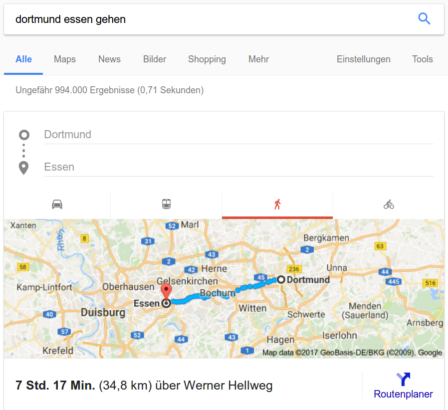 Google: dortmund essen gehen; zeigt Weg von Dortmund nach Essen