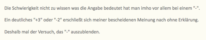 Die Schwierigkeit nicht zu wissen was die Angabe bedeutet hat man imho vor allem bei einem "-". Ein deutliches "+3" oder "-2" erschließt sich meiner bescheidenen Meinung nach ohne Erklärung. Deshalb mal der Versuch, das "-" auszublenden.