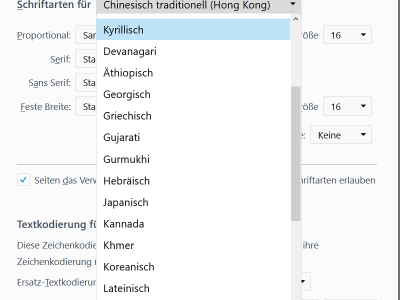 Screenshot Schrifteinstellungen Firefox