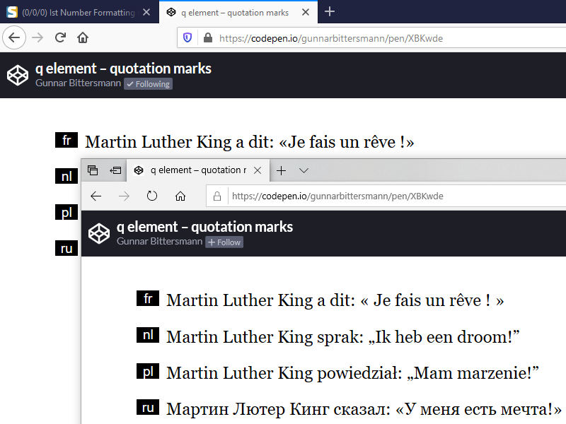 Screenshot Codepens Firefox und Edge im Vergleich - Leerzeichen im Französischen