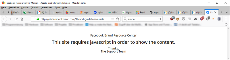Screenshot der Website des Facebook-Ressourcen-Centers, aufgerufen ohne JavaScript; Seite zeigt die Meldung This site requires javascript in order to show the content.