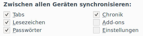 Tabs, Lesezeichen, Passwörter, Chronik, Add-ons, Einstellungen