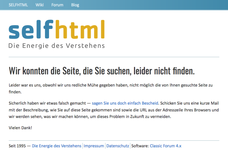 Screenshot der SELFHTML-Fehlerseite