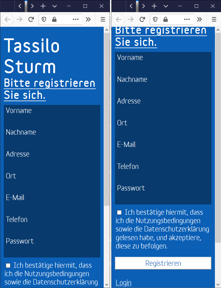 Screenshots zweier schmaler Browserfenster, links ohne Höhenangabe, rechts mit fester Höhe.