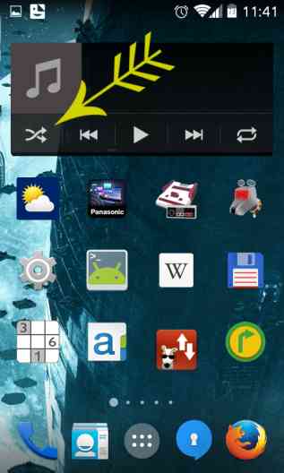 Android Desktop mit Mediaplayer, verdrehte Pfeile für Shuffle Play