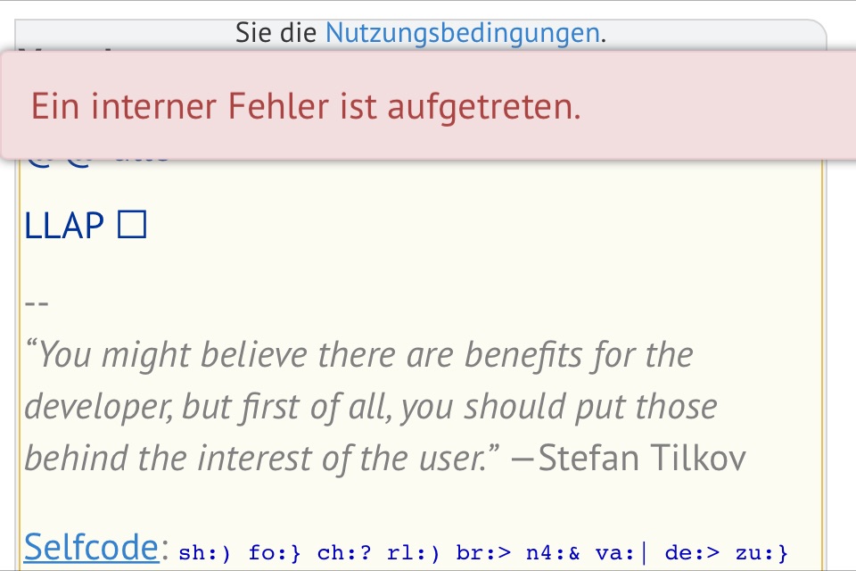 Screenshot: Fehlermeldung „Ein interner Fehler ist aufgetreten“