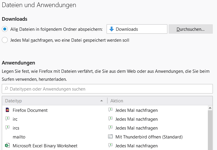 Screenshot Einstellungen zum Download im Firefox