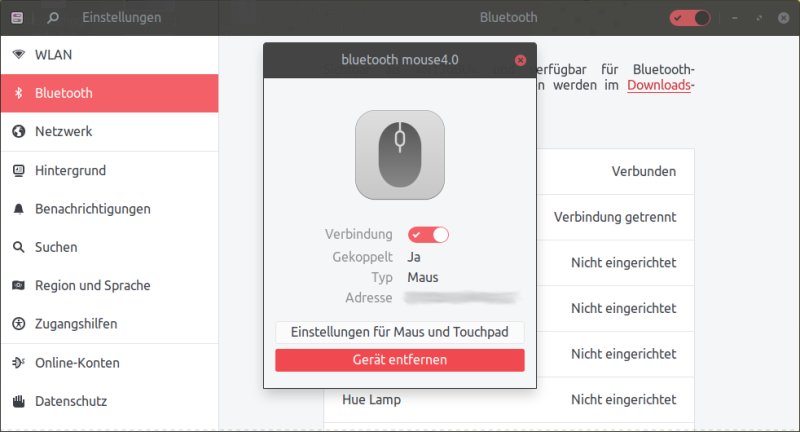 Einstellungsdialog einer Bluetoothmaus in Ubuntu Budgie 18.04