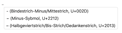 Auswahlmenü Bindestrich/Minus/Gedankenstrich
