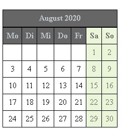 Kalenderblatt August 2020 (fehlende Zeile für 31)