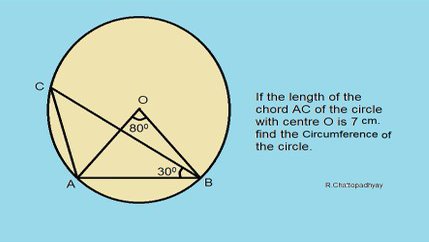Kreis um O, Sehne mit Winkel BOA = 80 Grad. Punkt C so auf dem Kreis gelegen, dass Winkel ABC = 30 Grad. AC = 7 Zentimeter. Wie lang ist der Kreisumfang?