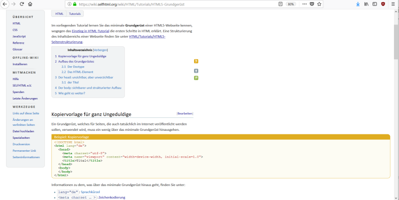 Screenshot wiki mit 30em Fließtextbreite und unbeschränkten Codeboxen