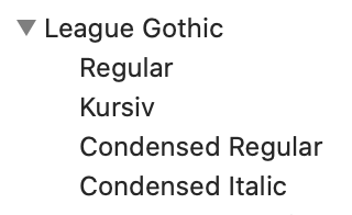 Screenshot der Schriftsammlung, macOS: League Gothic in regular, kursiv, condensed regular, condensed kursiv