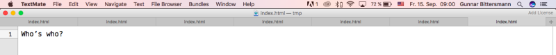 Screenshot Textmate, 7 Tabs geöffneter Dateien, alle „index.html“