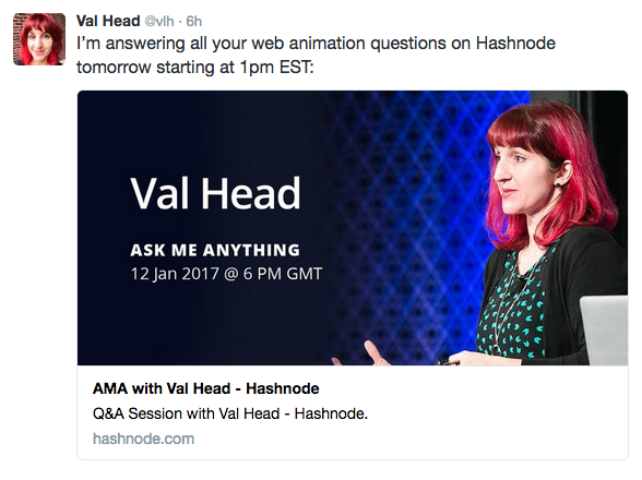 Val Head: I’m answering all your web animation questions on Hashnode tomorrow starting at 1pm EST: