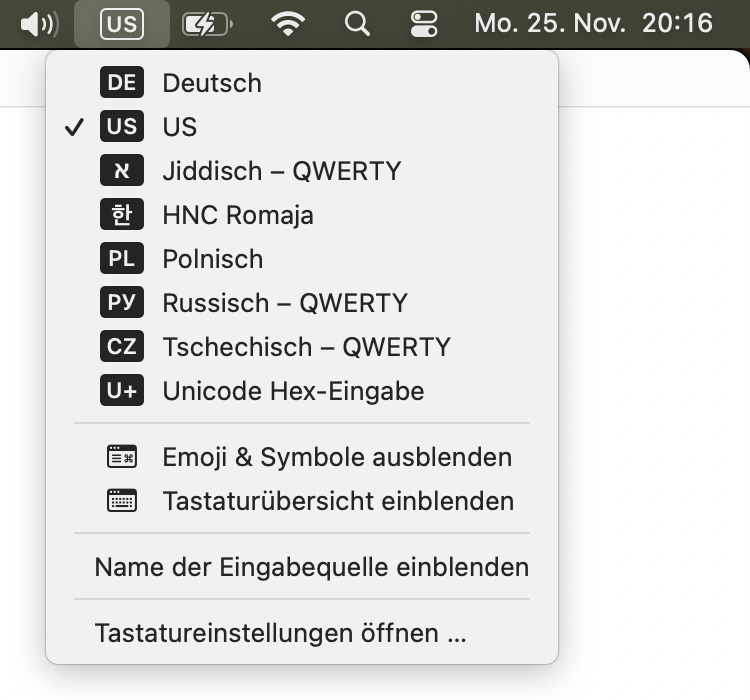 Tastaturlayout-Auswahlmenü (macOS)