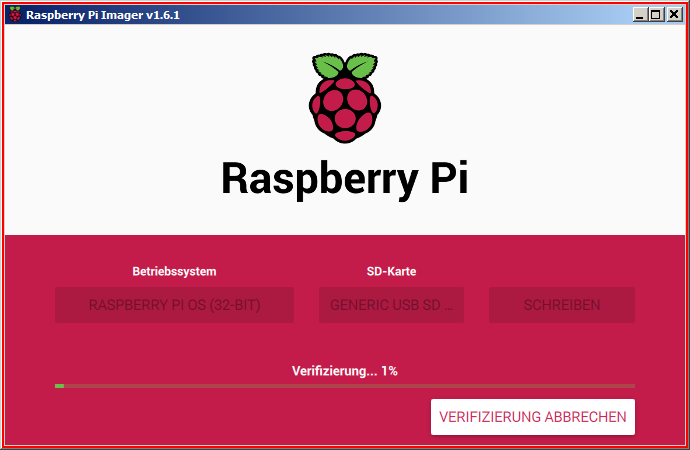 Raspberry Pi Imager GUI, nur drei Bedienelemente