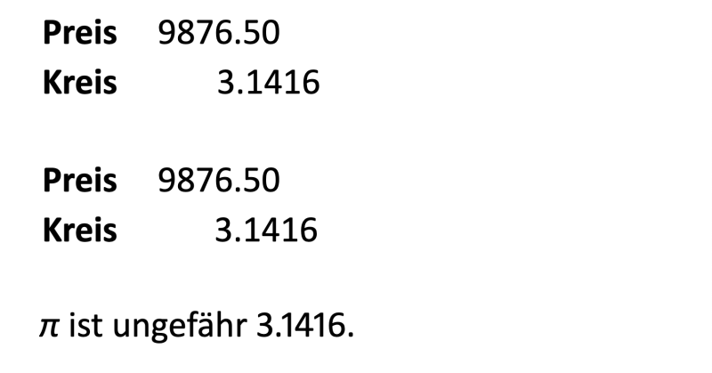 zweimal Tabelle mit „Preis 9876.50; Kreis 3.1416“, Tabellenziffern, am Dezimaltrennzeichen ausgerichtet; darunteer ein Textabsatz „π ist ungefähr 3.1416“ mit Proportionalziffern